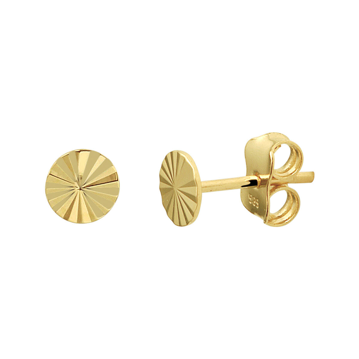 Boucles d'oreilles rondes en or jaune 14K, avec un motif strié et un effet diamanté.