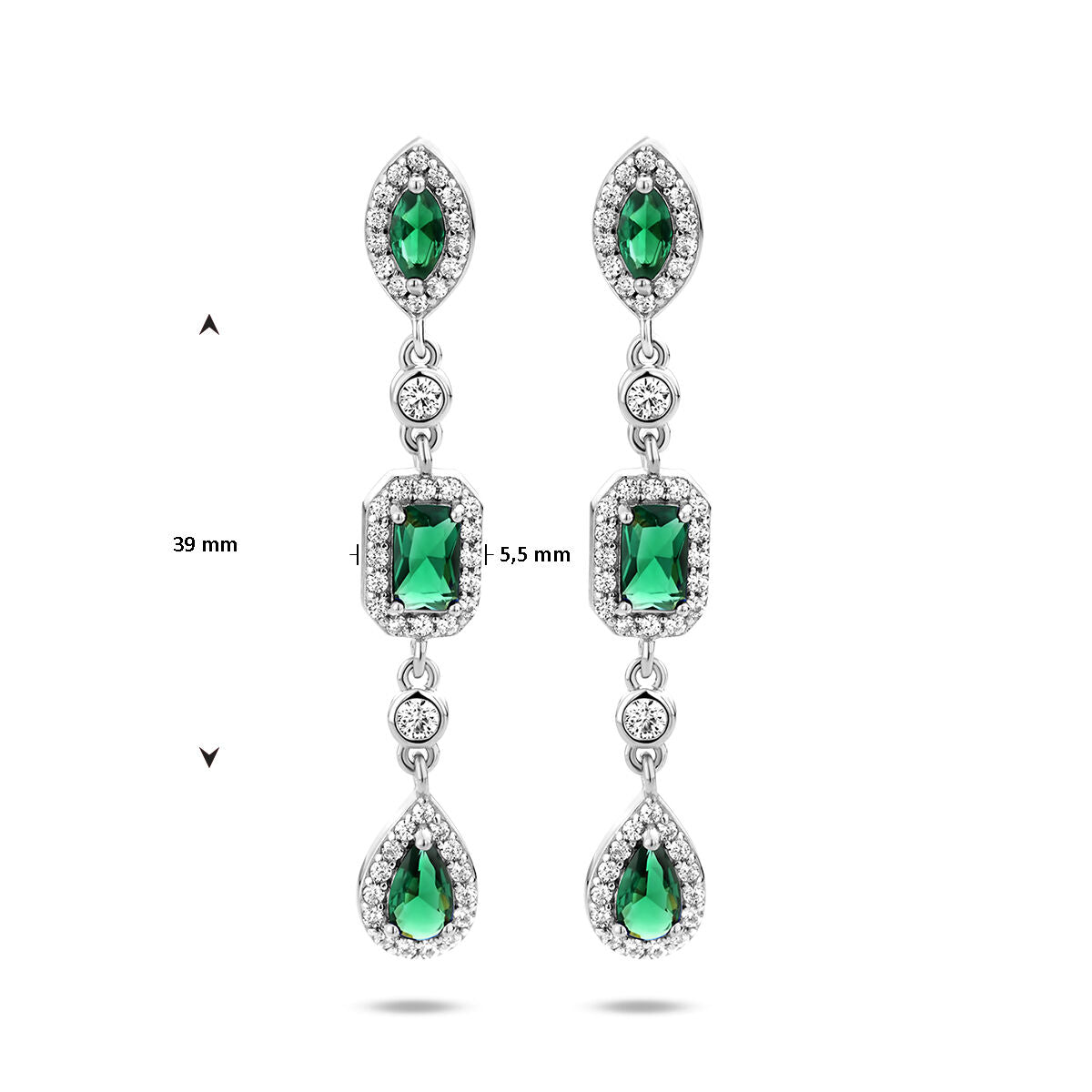 boucles d'oreilles zircone blanc et vert argent rhodié