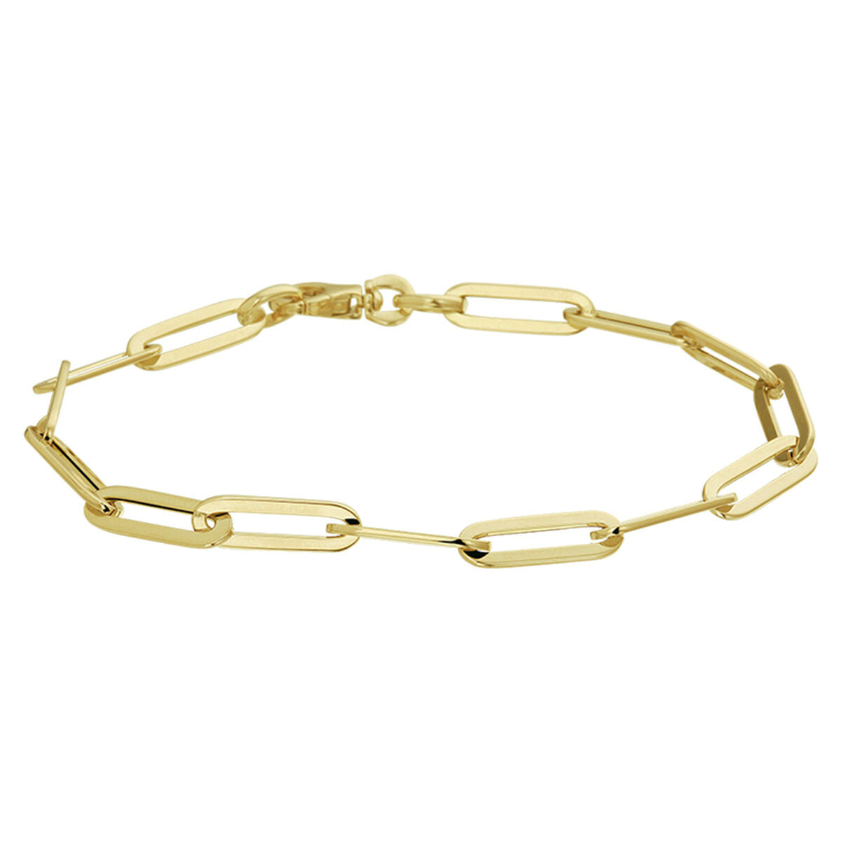Bracelet en or 14K avec maillons en forme de paperclip et tubes plats.