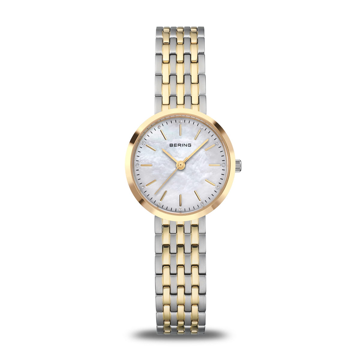 Montre pour dames avec cadran en nacre, boîtier doré et bracelet en acier inoxydable bicolore.