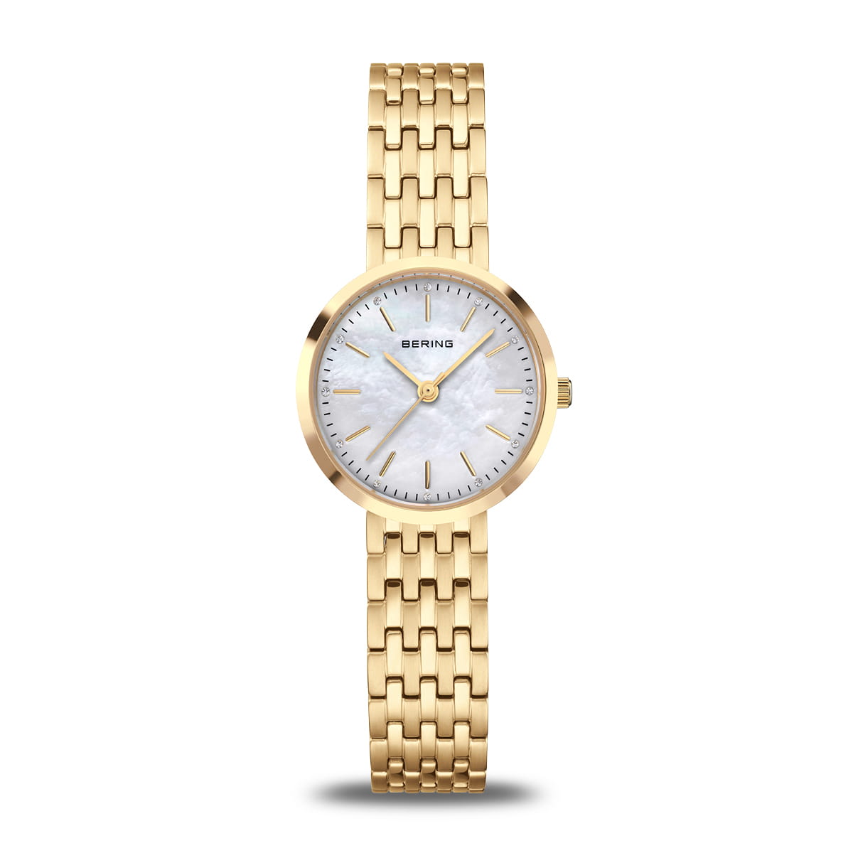 Montre pour femme avec un cadran en nacre et un bracelet en métal doré.