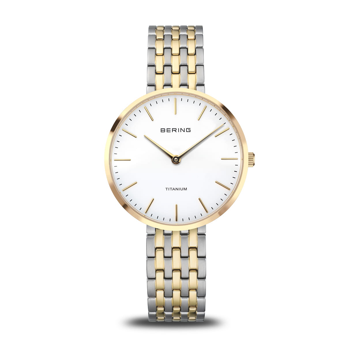 Montre pour femme avec cadran blanc, boîtier en acier inoxydable doré et argenté, bracelet à maillons.