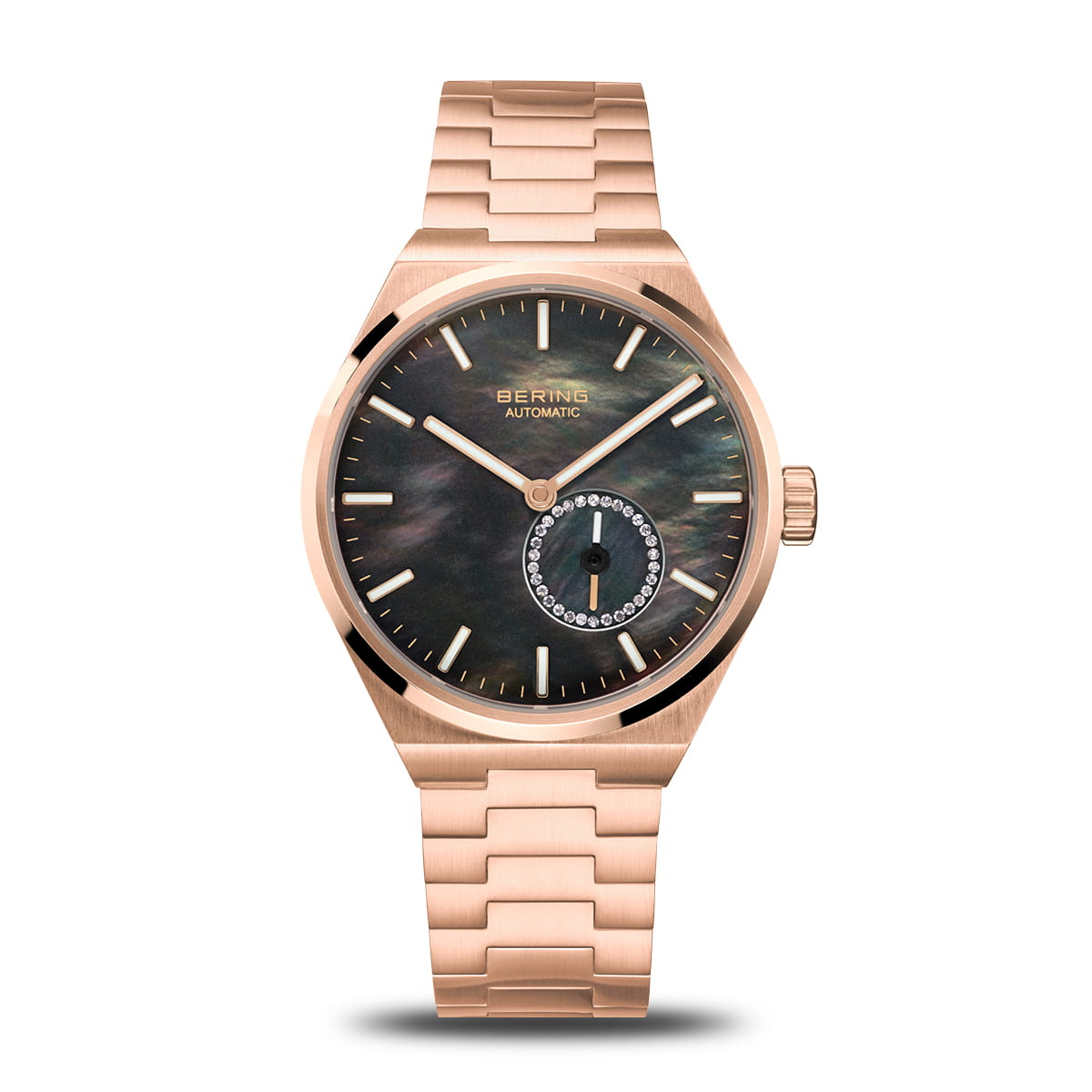 Montre pour femme avec cadran noir, boîtier et bracelet en acier rose, affichage minimaliste.
