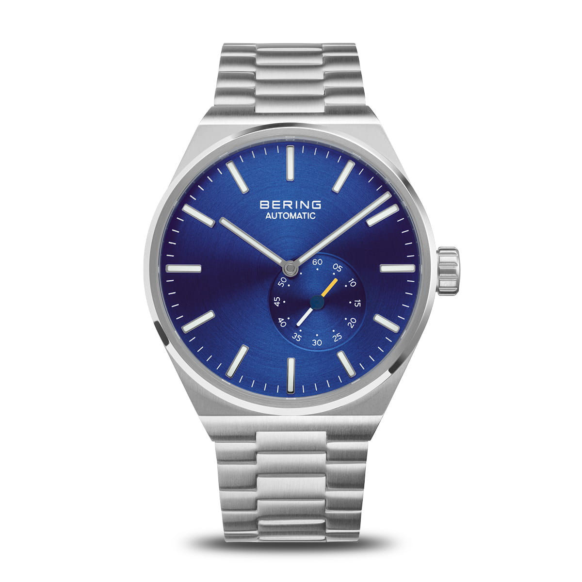 Montre pour homme avec un cadran bleu, boîtier en acier inoxydable et bracelet en métal.
