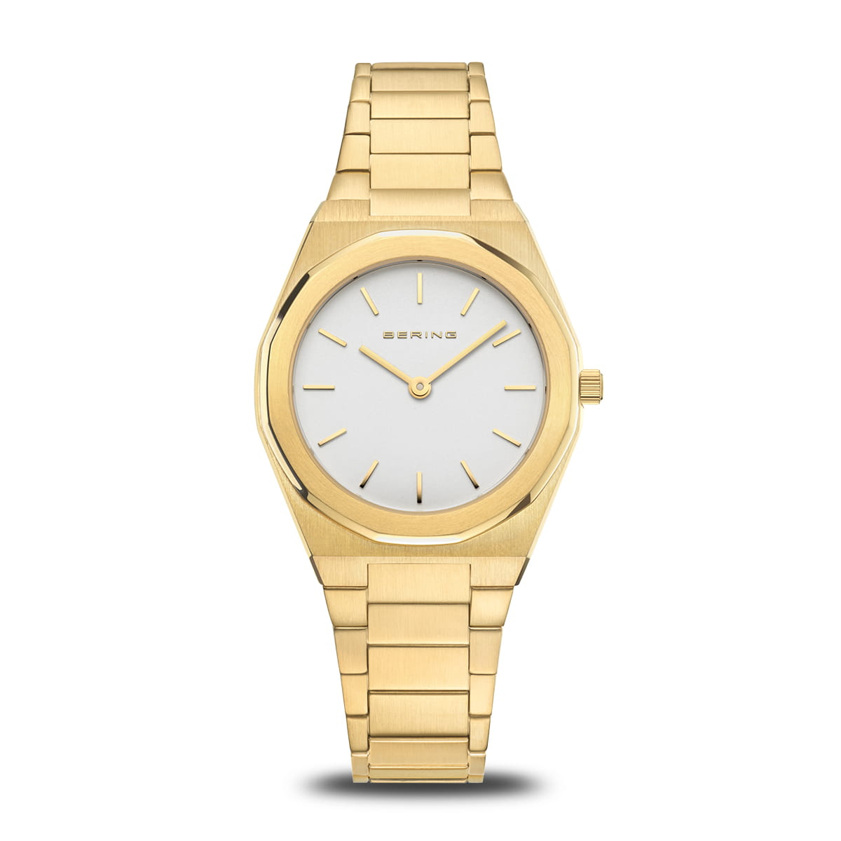Montre femme avec cadran argenté et boîtier doré, bracelet en métal doré.