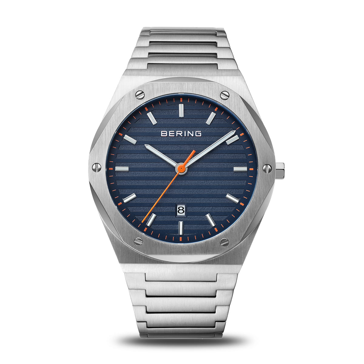 Montre pour homme avec cadran bleu, boîtier en acier inoxydable et bracelet à maillons.