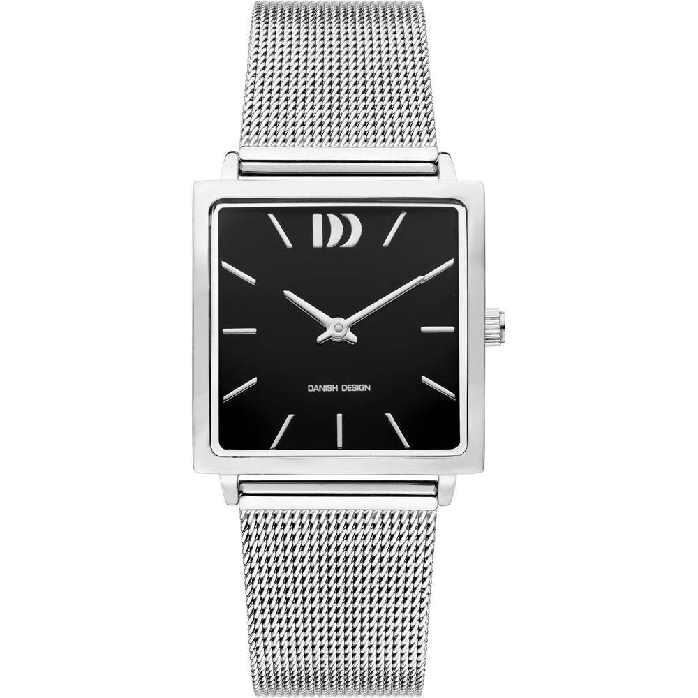 Montre carrée avec cadran noir, boîtier argenté et bracelet en maille métallique.