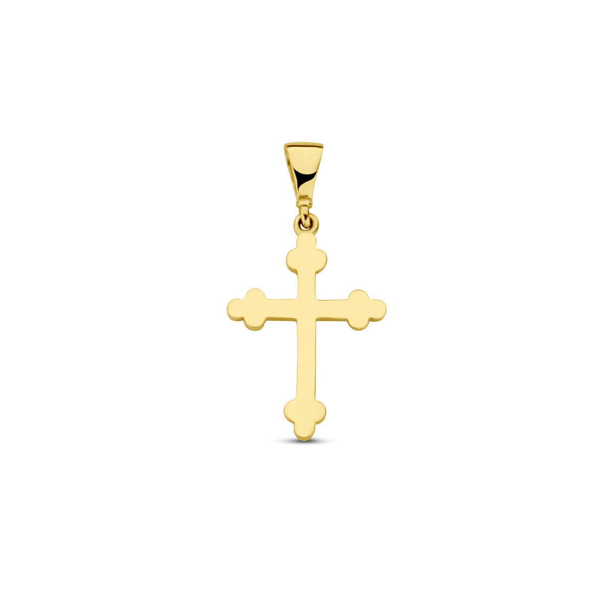 pendentif croix en or jaune 14K avec une finition lisse et des extrémités arrondies.