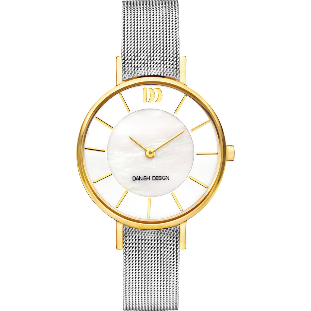 Montre avec boîtier doré, cadran en nacre et bracelet en maille argentée.