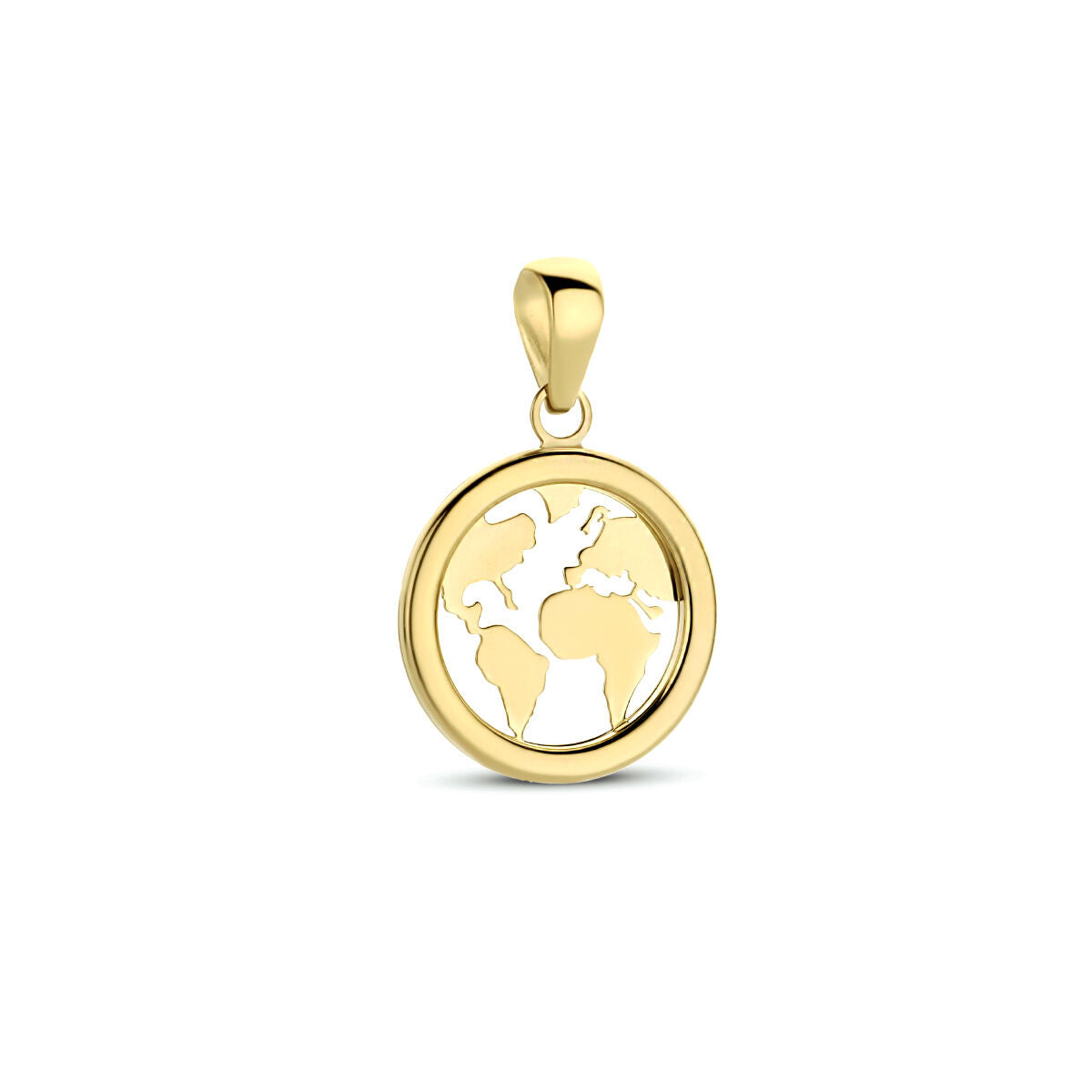 pendentif en or jaune 14K en forme de globe terrestre avec continents en relief.