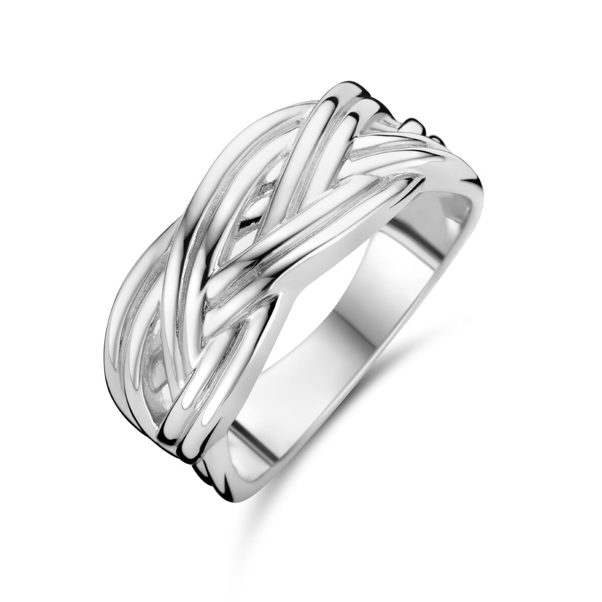bague en argent rhodié tressée avec un design entrelacé