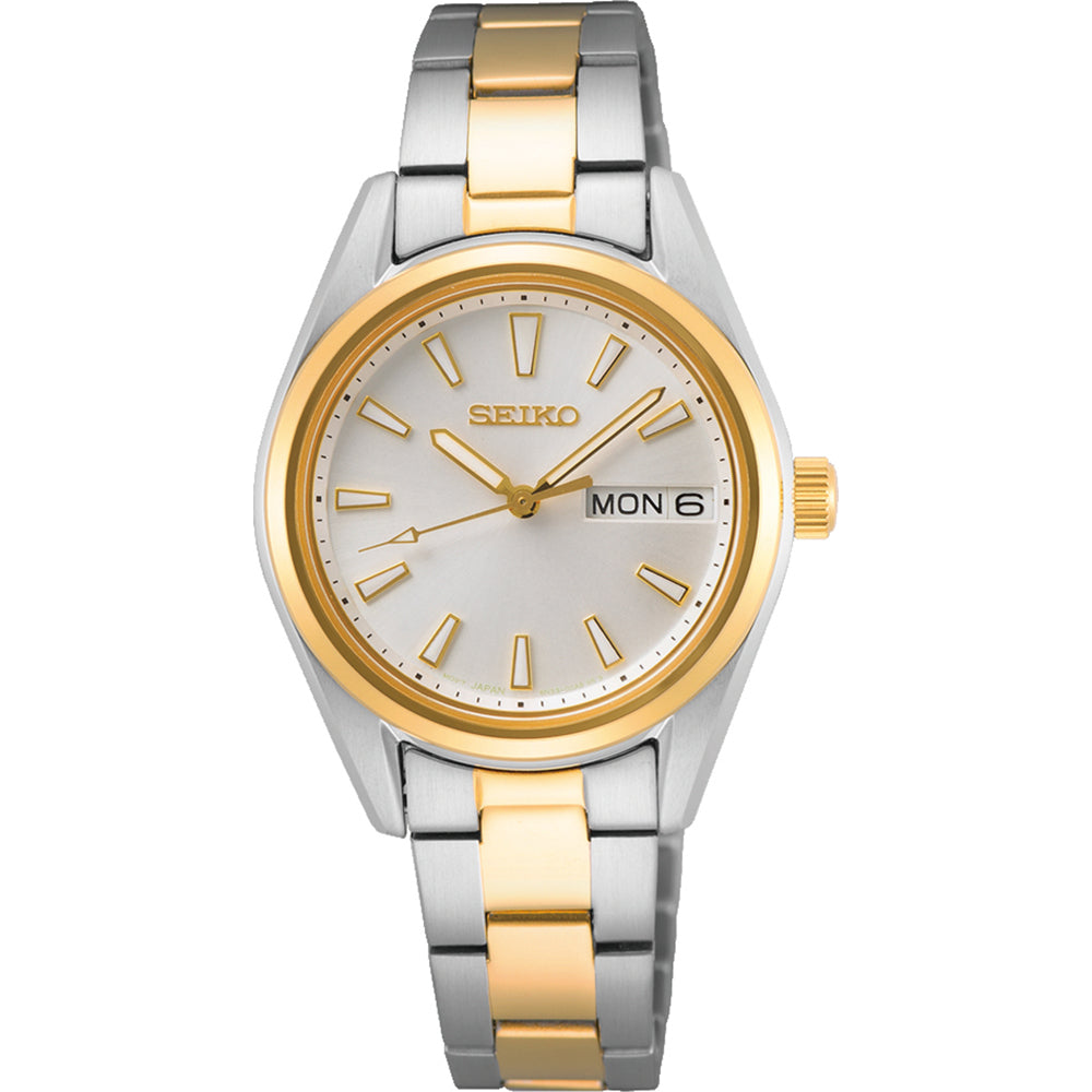 Montre pour dames Seiko avec boîtier argenté et doré, cadran argenté, bracelet bicolore.