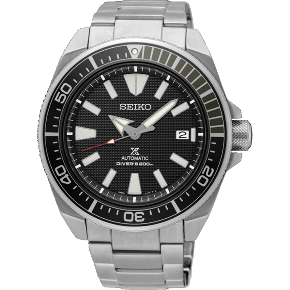Montre Seiko Prospex pour homme avec boîtier en acier inoxydable, cadran noir et bracelet en métal.