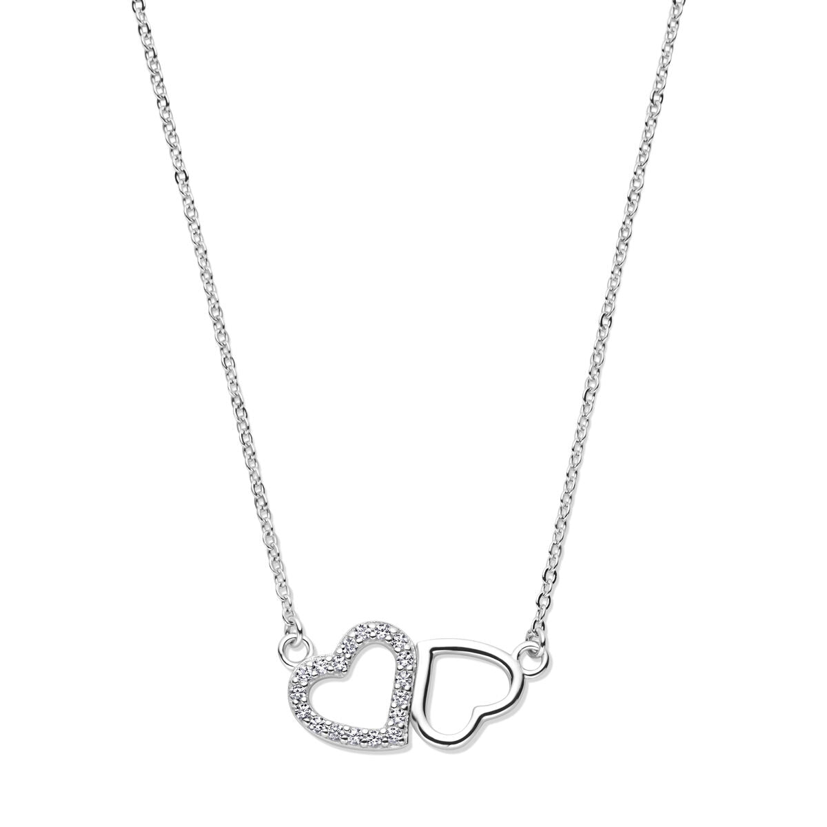 Collier en argent rhodié avec deux cœurs, l'un serti de zirconia.