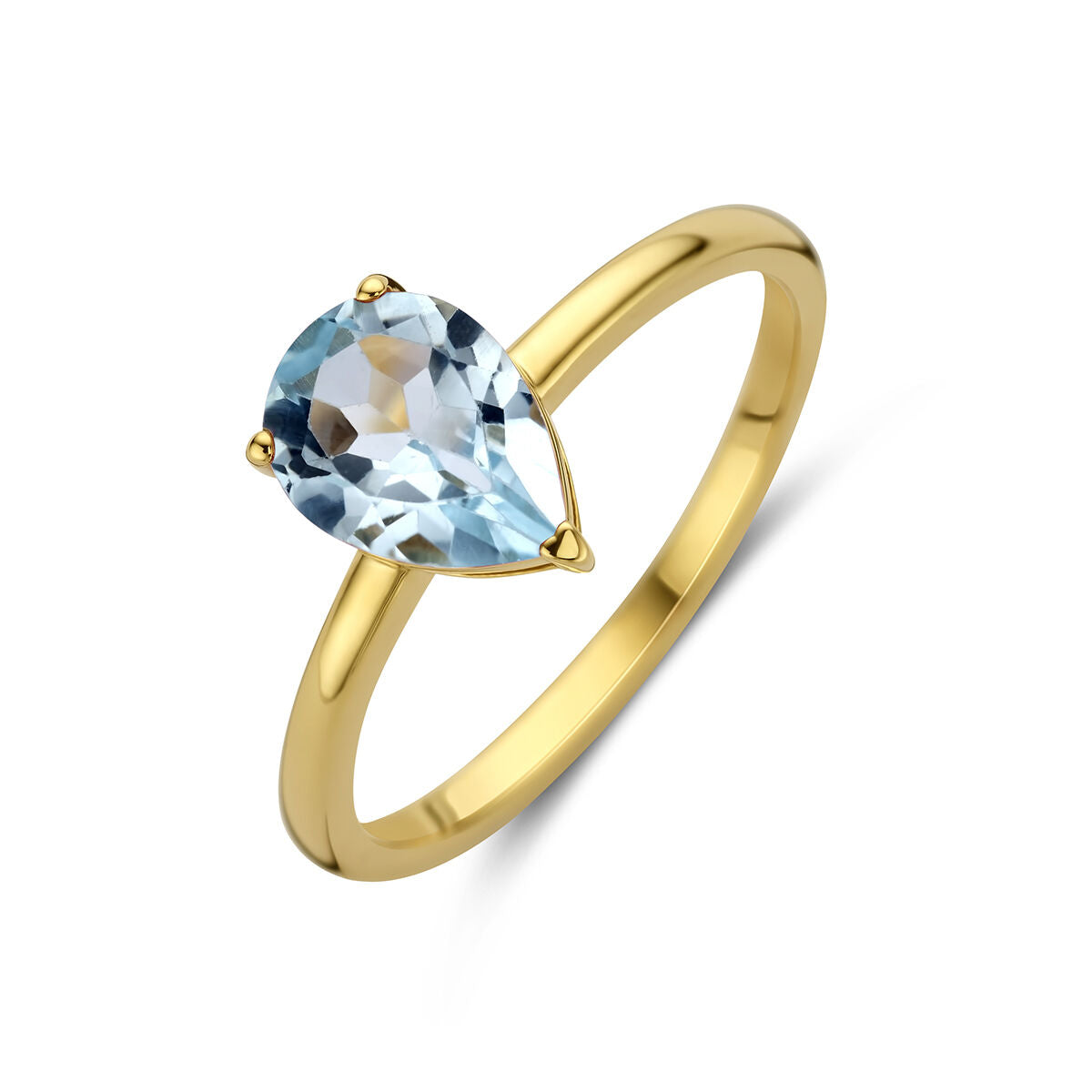 Bague en or jaune 14K avec topaze bleue en forme de poire.