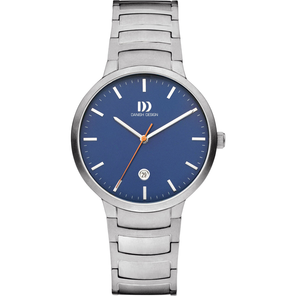 Montre en acier inoxydable avec cadran bleu et aiguilles argentées, dateur à 6 heures.