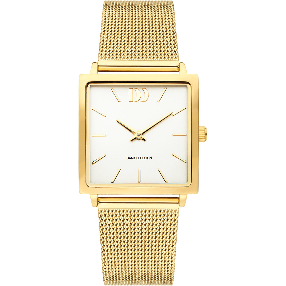Montre carrée dorée avec un cadran blanc et un bracelet en maille.