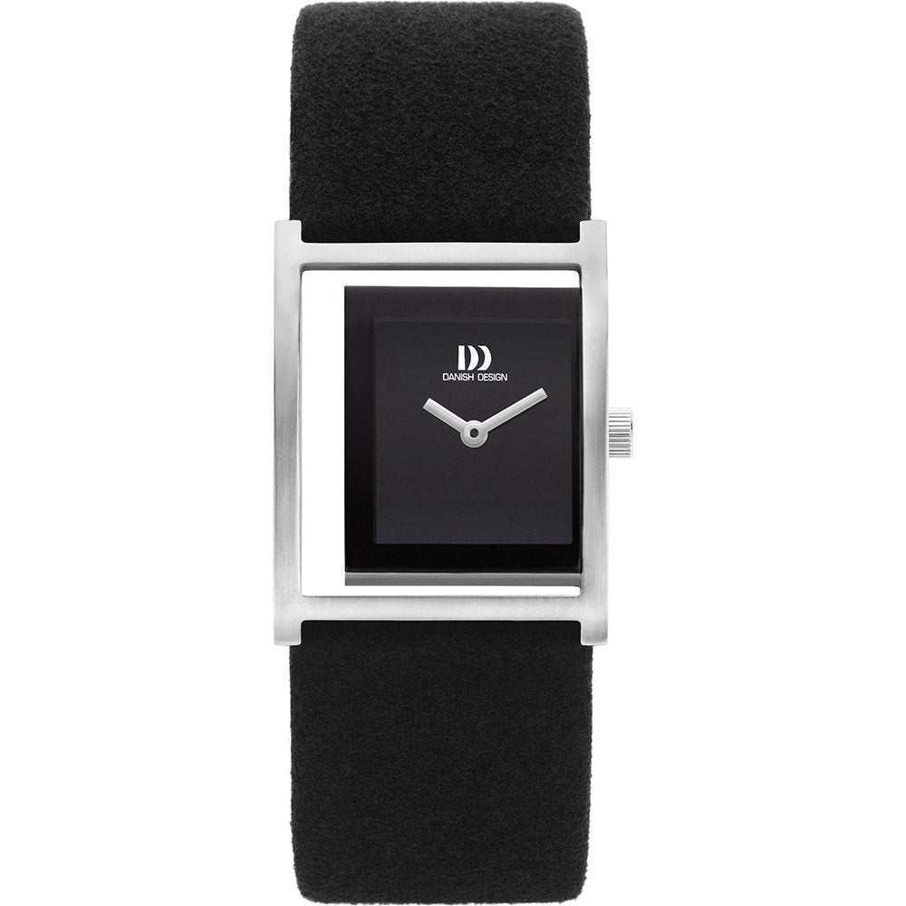 Montre femme au cadran noir, boîtier argenté et bracelet en cuir noir.