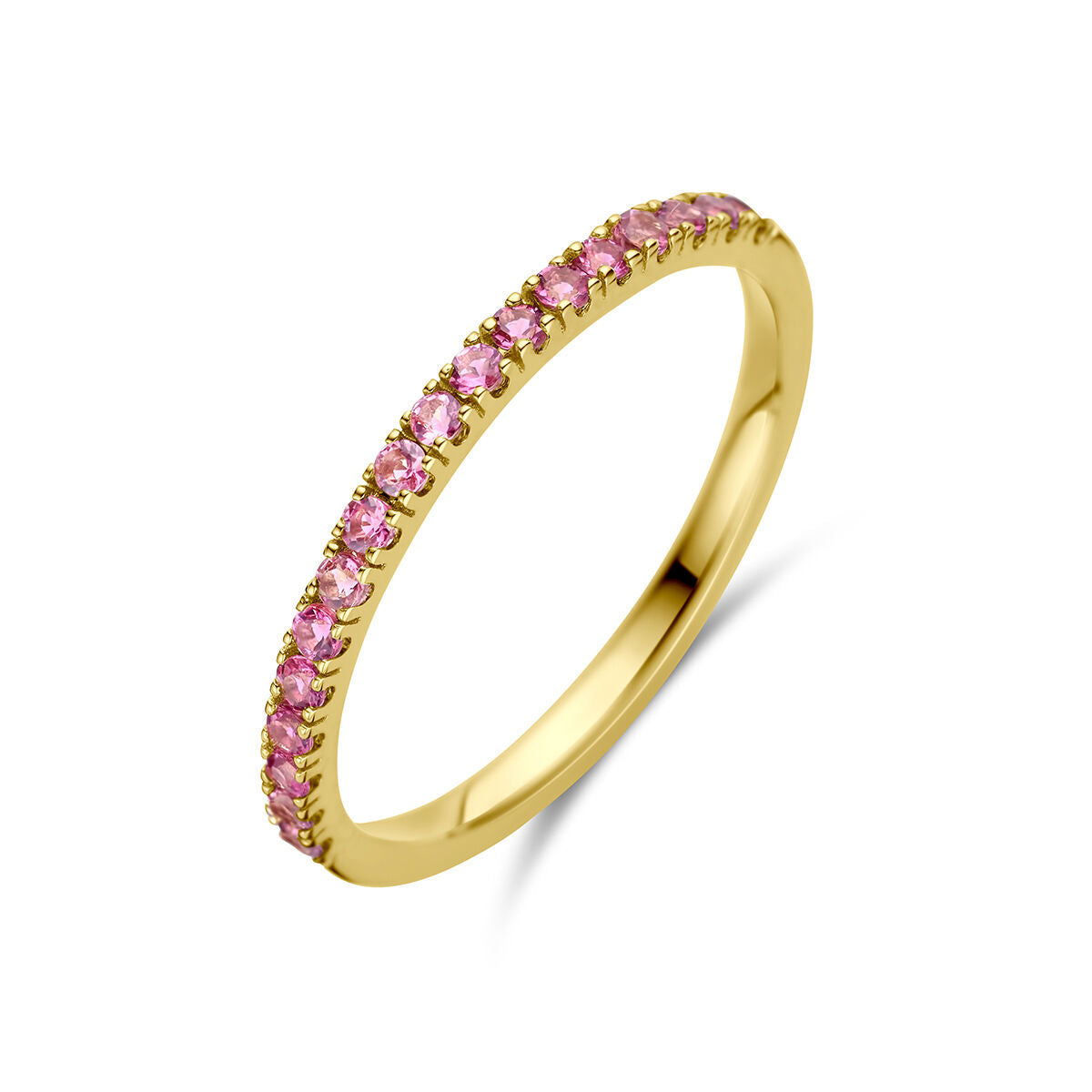 Bague en or jaune 14K ornée de pierres de tourmaline rose.
