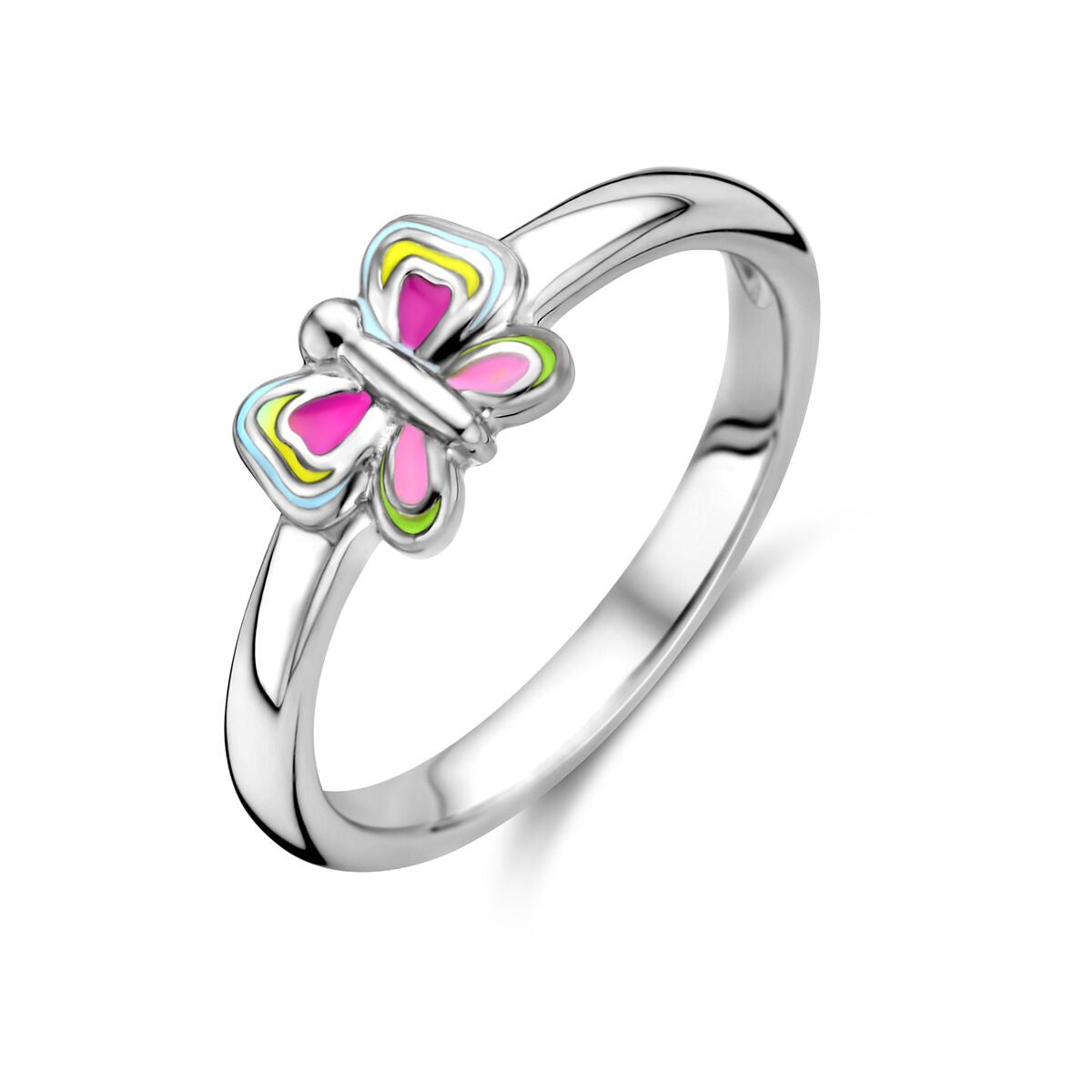 Bague en argent rhodié avec un motif de papillon coloré.