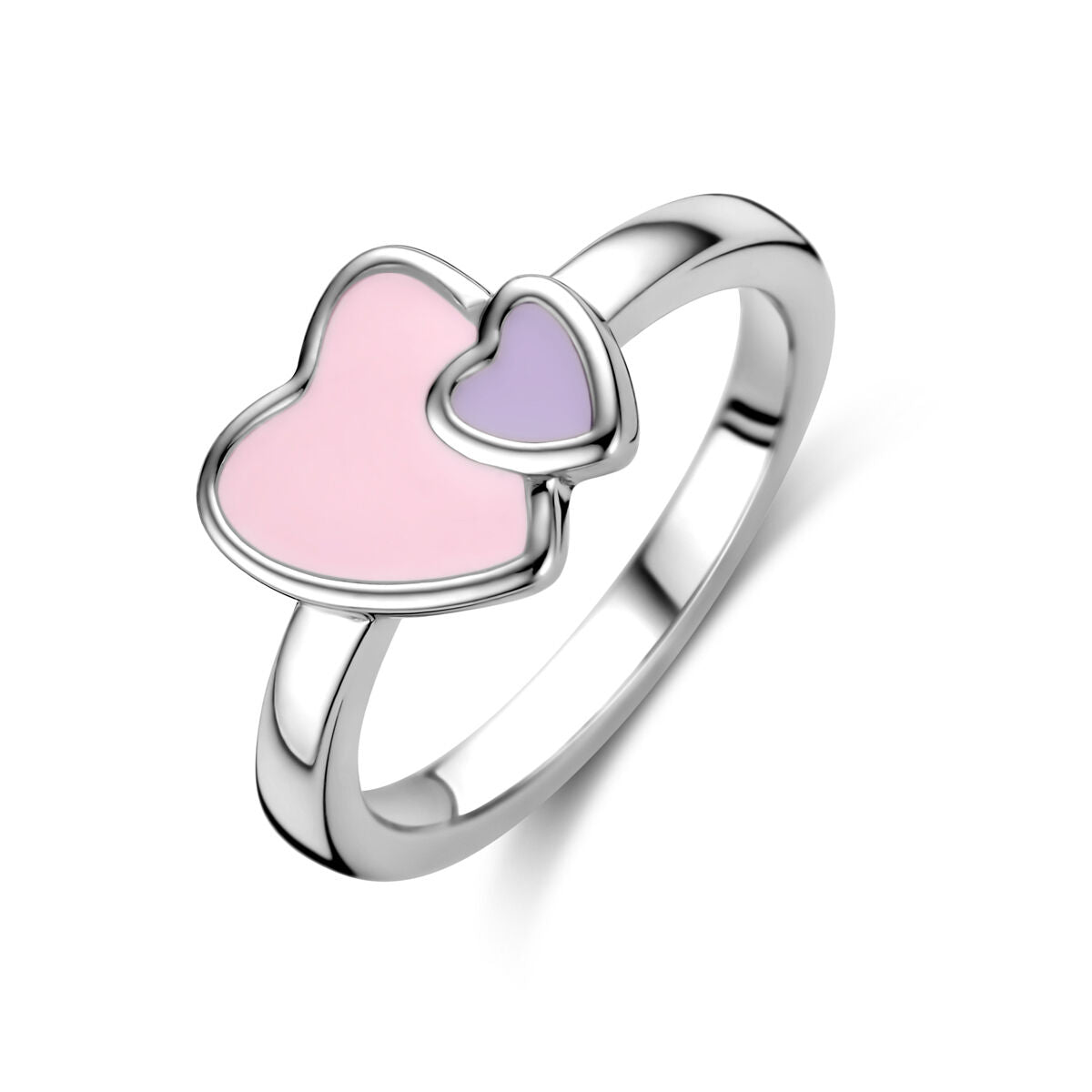 Bague en argent rhodié avec deux cœurs, l'un rose et l'autre violet.