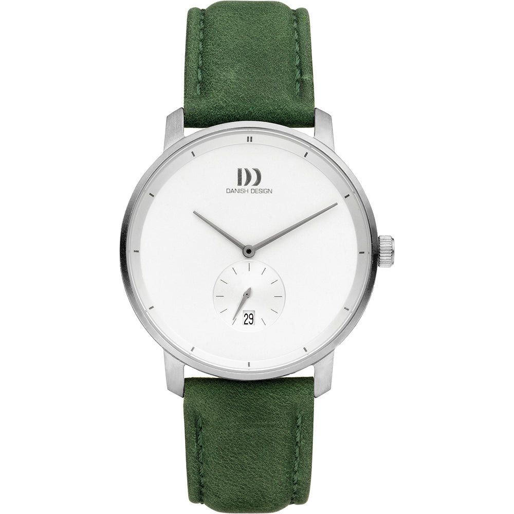 Montre avec boîtier en acier inoxydable, cadran blanc et bracelet en cuir vert.