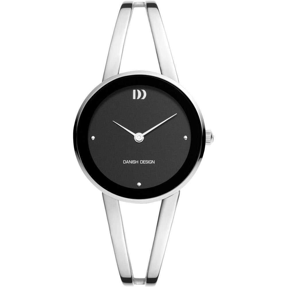 Montre femme avec cadran noir, boîtier argenté et bracelet fin.