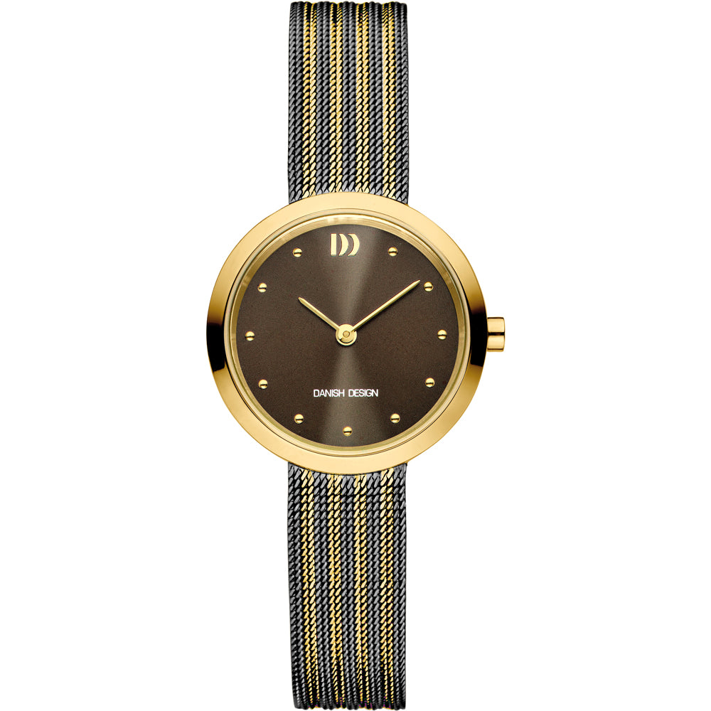 Montre dorée avec un cadran brun et un bracelet en maille métallique.