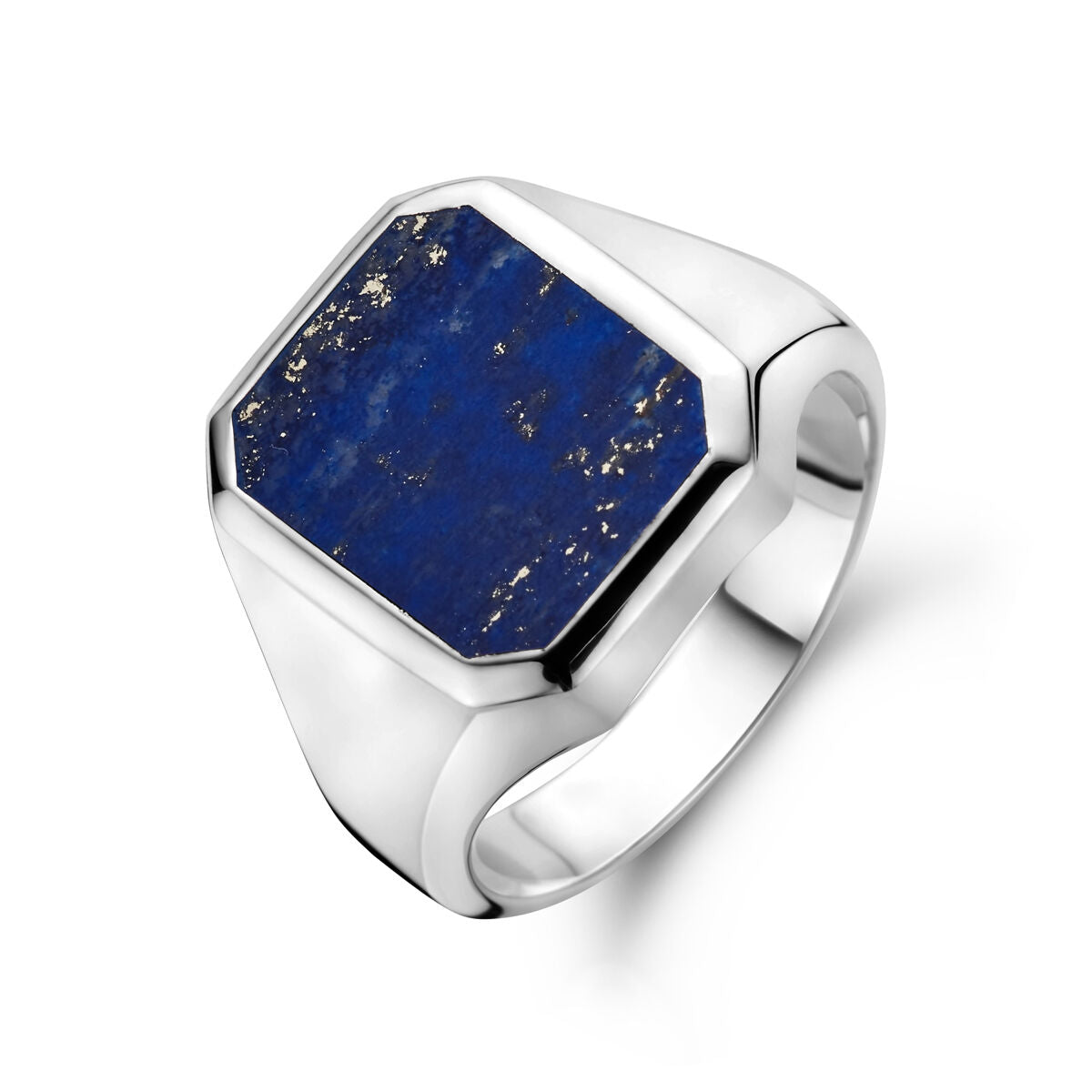 Bague en argent massif avec un cabochon hexagonal en lapis-lazuli de 13 x 11 mm.