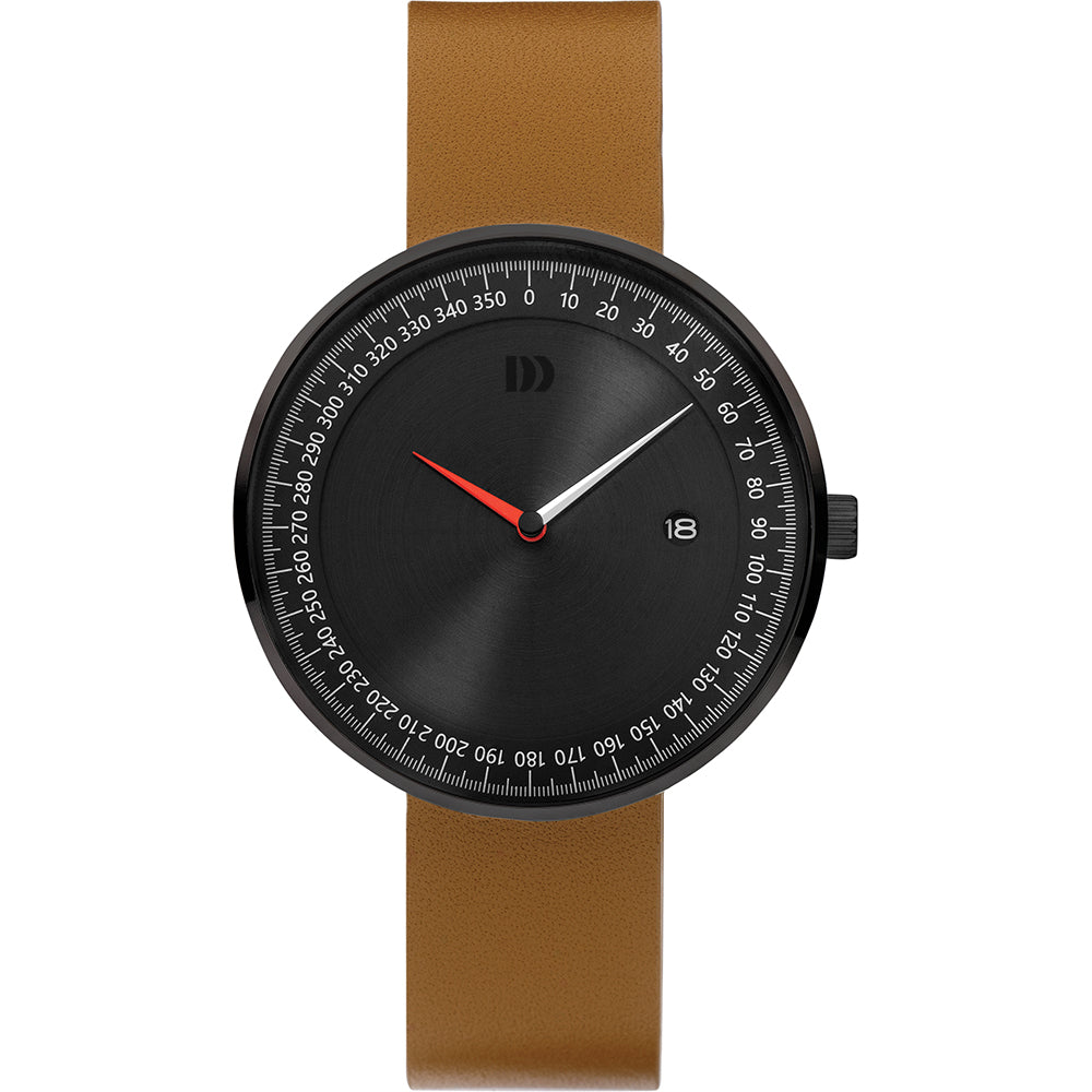 Montre avec un cadran noir, boîtier noir et bracelet en silicone marron.