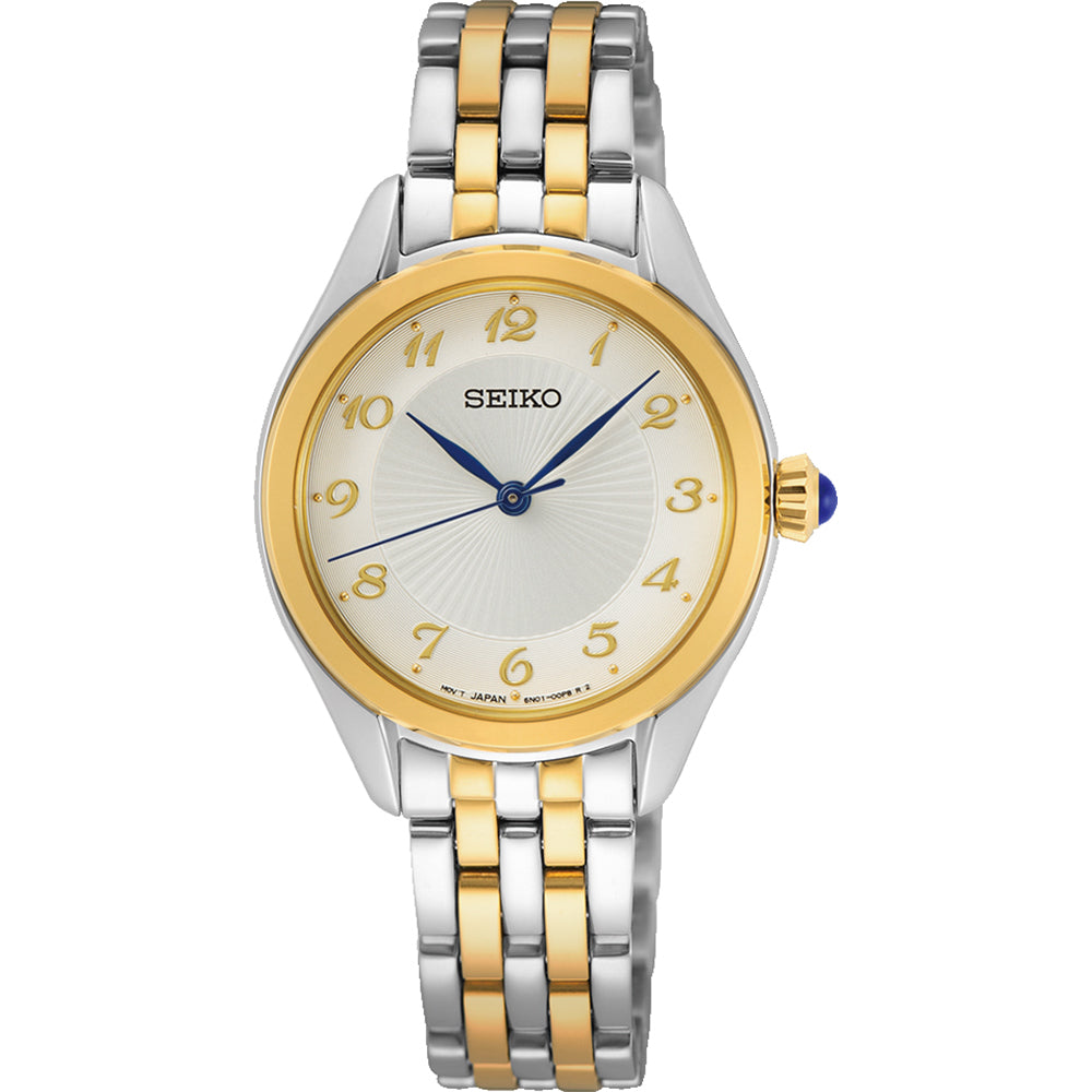 Montre pour femme Seiko avec boîtier argenté et doré, cadran argenté et bracelet en acier inoxydable.