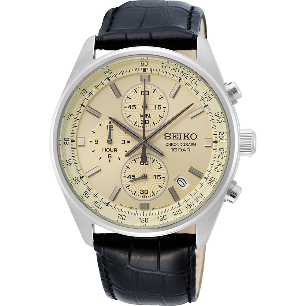 Montre pour homme Seiko avec cadran beige, boîtier en acier inoxydable et bracelet en cuir noir.