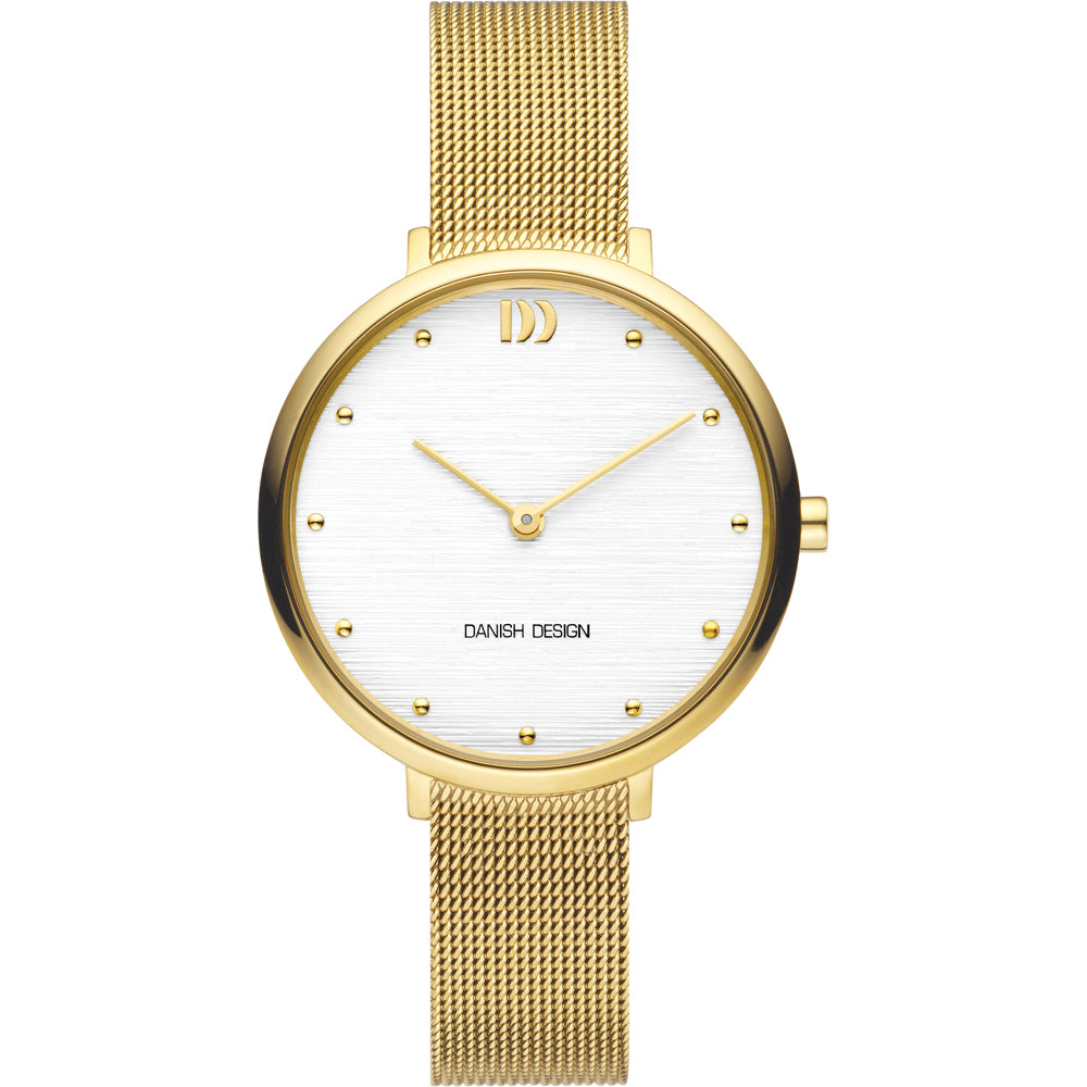 Montre dorée avec cadran blanc, bracelet en maille métallique et index en points dorés.