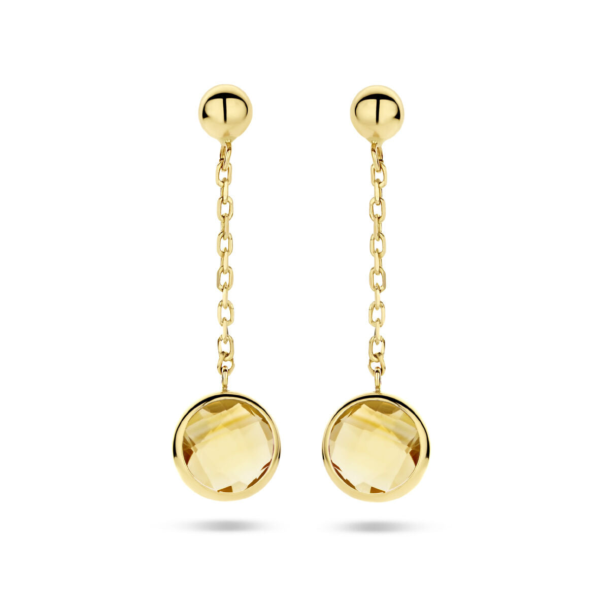 Boucles d'oreilles en citrine en or jaune 14K avec des chaînes suspendues.