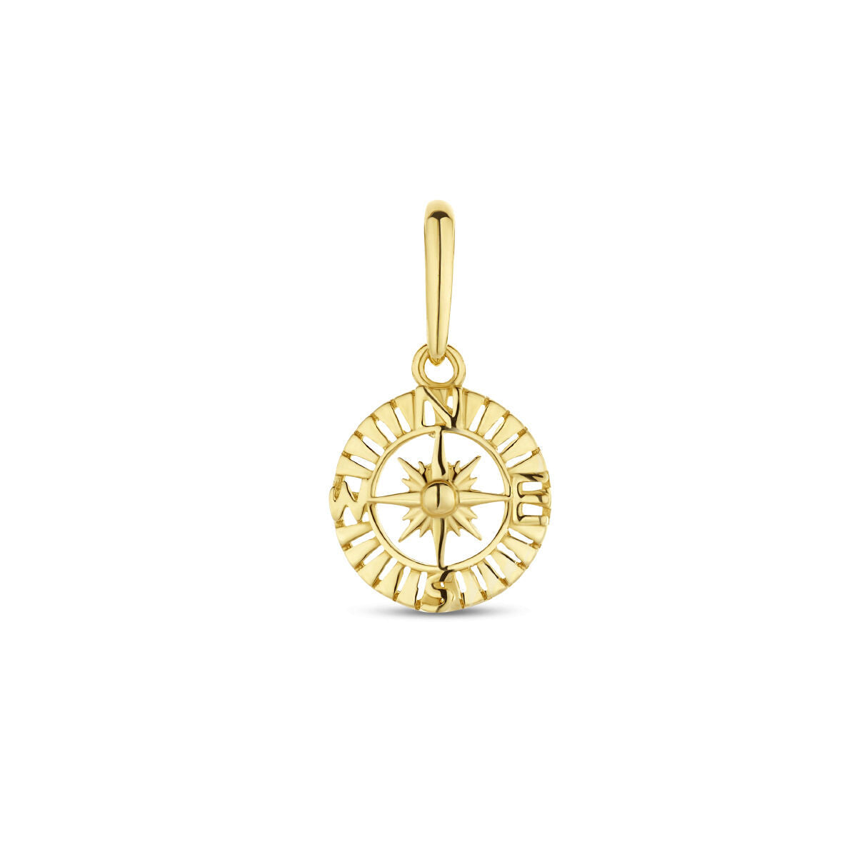 pendentif en or jaune 14K en forme de compas avec des détails gravés.