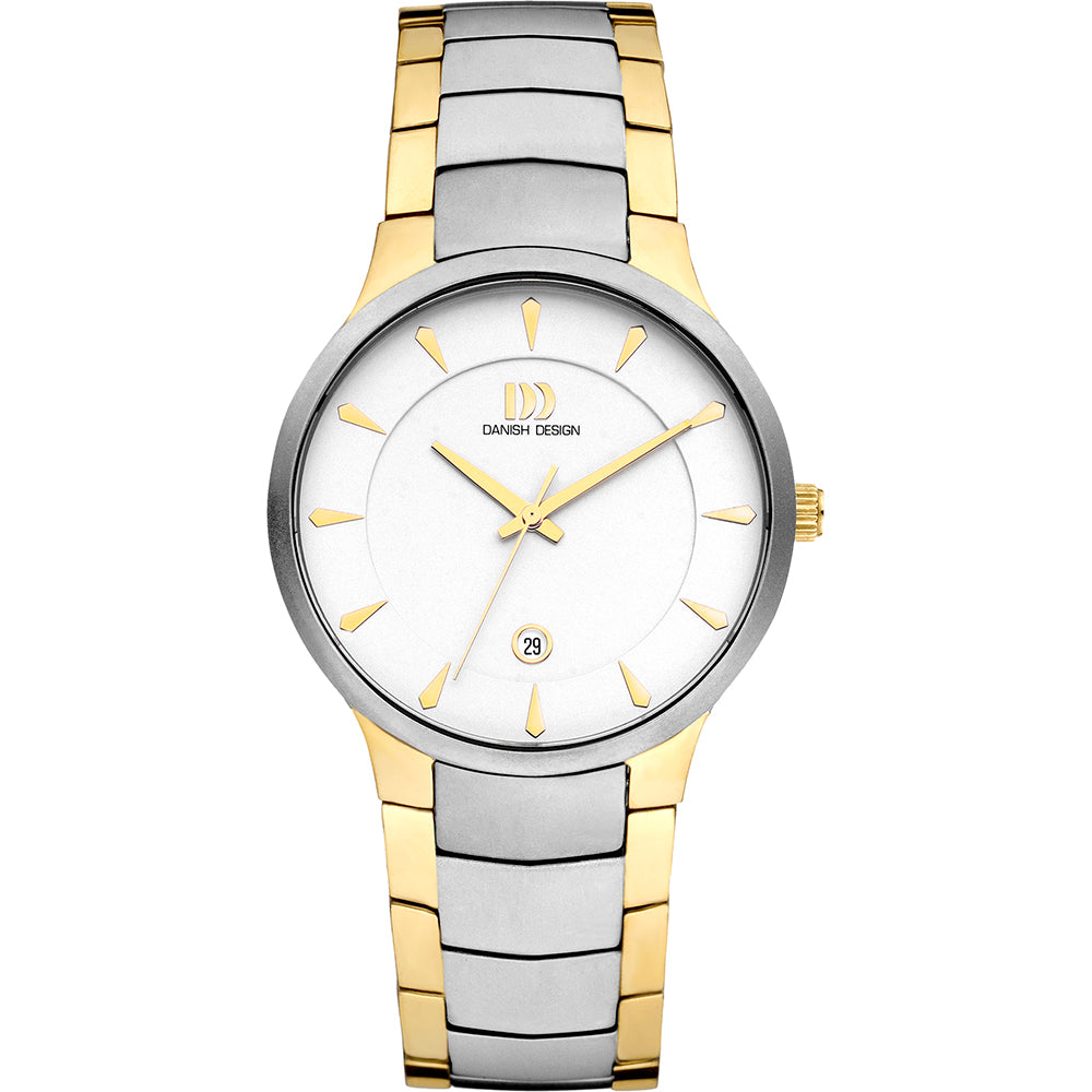 Montre avec un boîtier argenté et un bracelet doré, cadran blanc et index dorés.