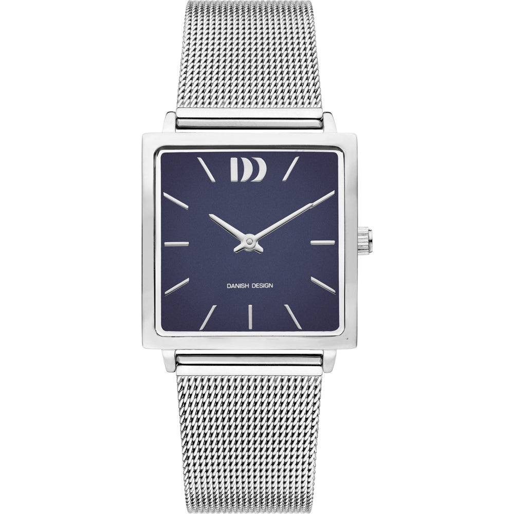 Montre carrée avec cadran bleu, boîtier argenté et bracelet en maille.