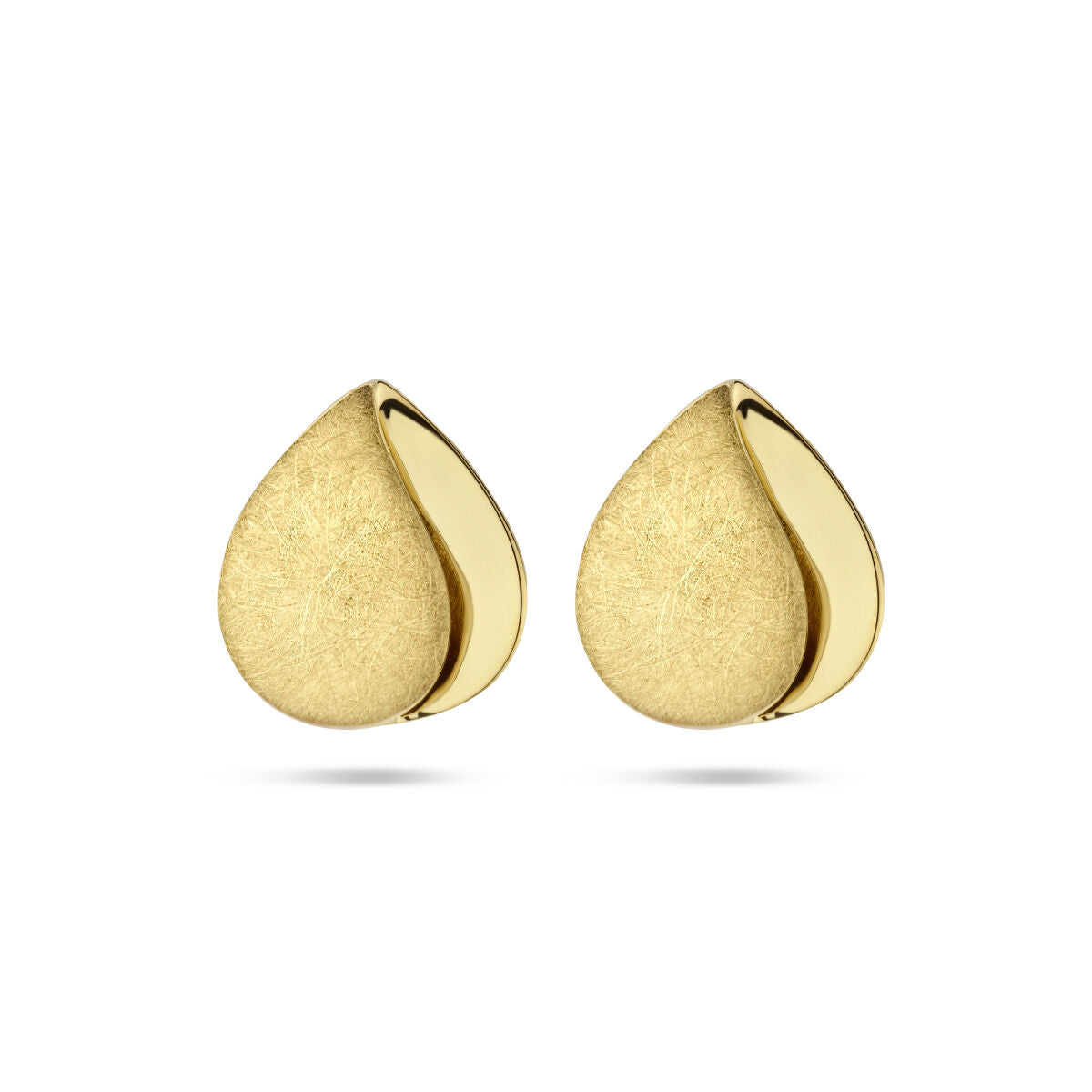 Boucles d'oreilles en or jaune 14K, finition polie et mate, en forme de goutte.