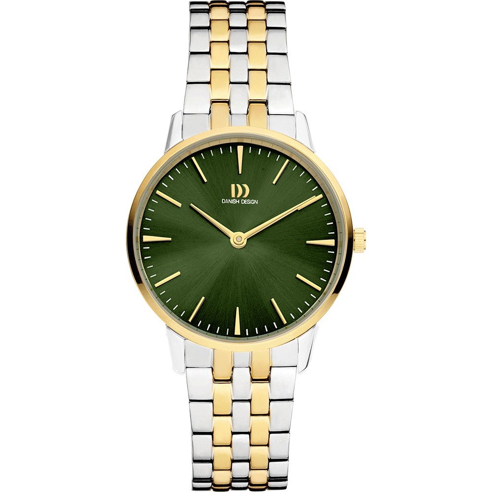 Montre pour femme avec cadran vert, boîtier en acier inoxydable argenté et doré, bracelet à maillons.