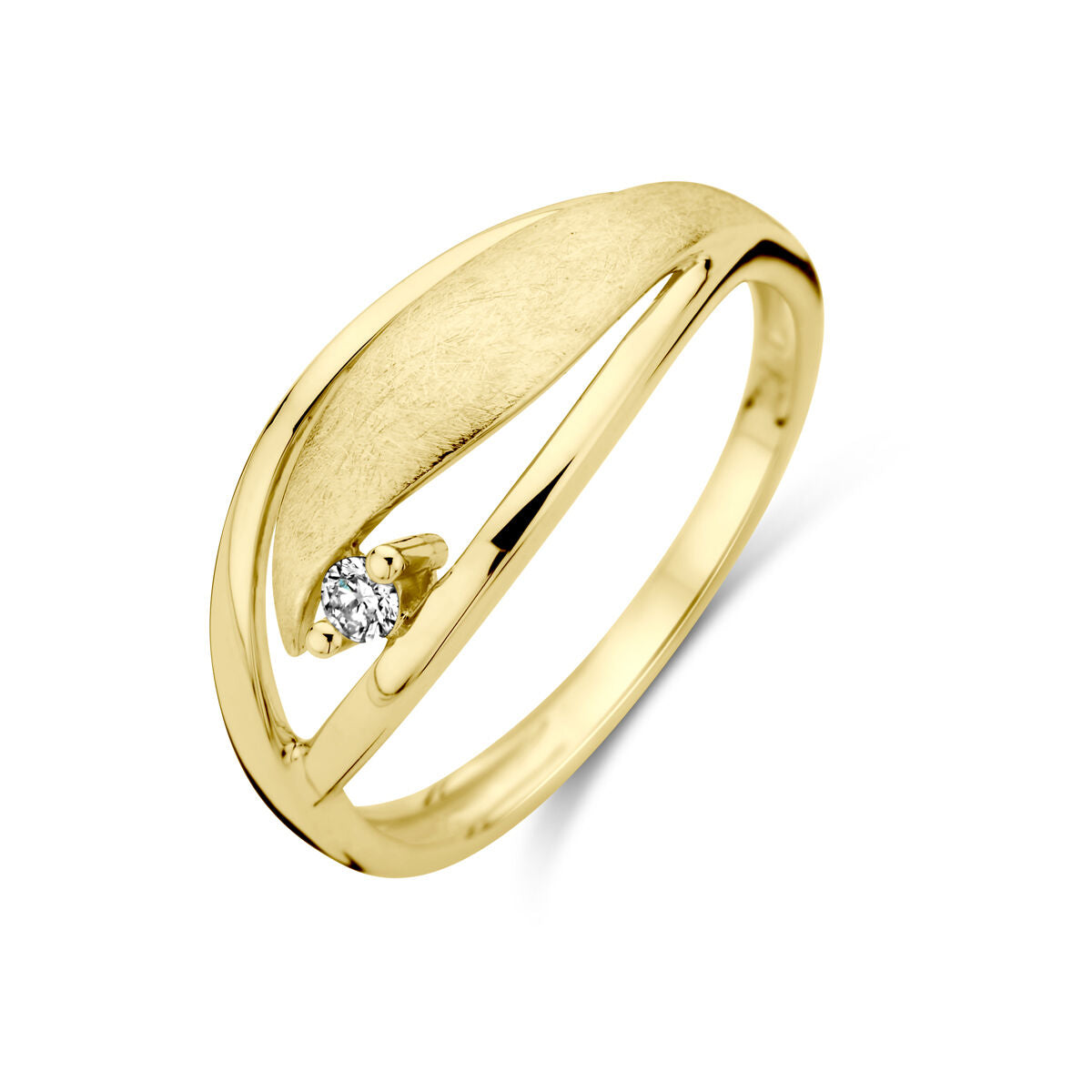Bague en or jaune 14K avec finition polie et mate, ornée d'un diamant de 0,04 ct.