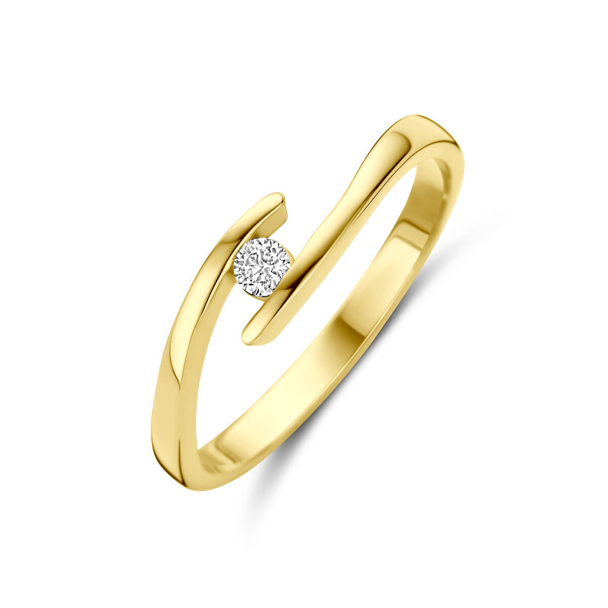 Bague en or jaune 14K avec un zirconium brillant, design moderne et épuré.