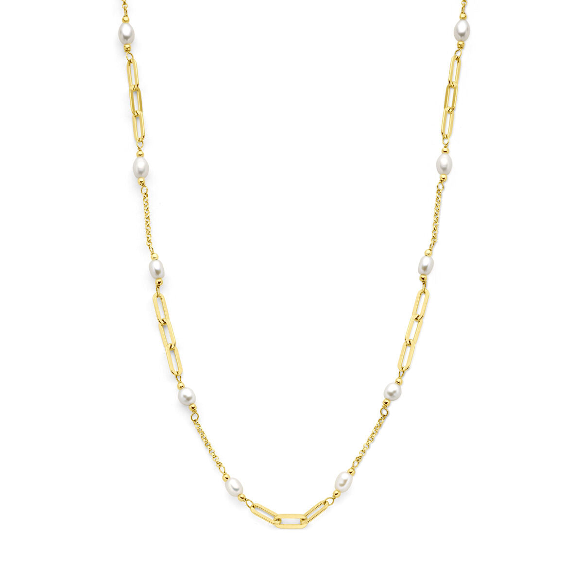 Zilver vergulde ketting dames parels 3 micron verguld (geel) van Van der Kooij Collectie, met afwisselende langwerpige schakels en ronde parels, elegant gepresenteerd tegen een witte achtergrond.