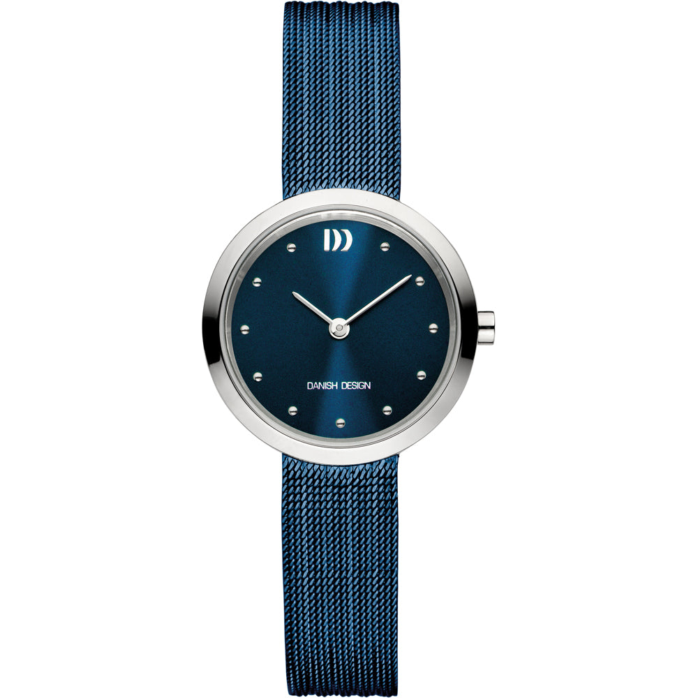 Montre avec un cadran bleu, boîtier en acier inoxydable et bracelet en maille métallique.