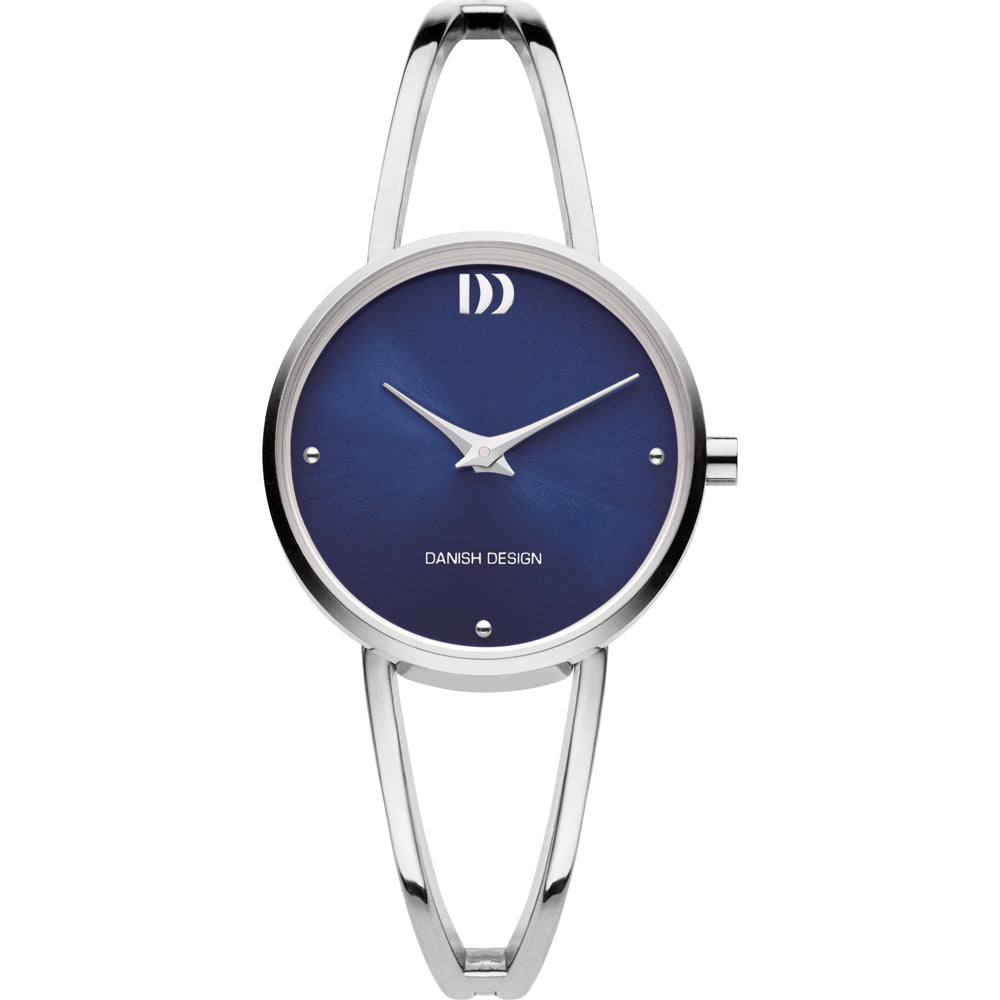 Montre argentée avec un cadran bleu, boîtier rond et bracelet fin.