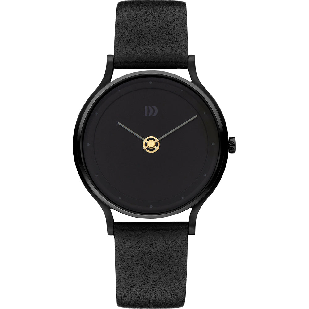 Montre noire avec un cadran minimaliste et un bracelet en cuir noir.