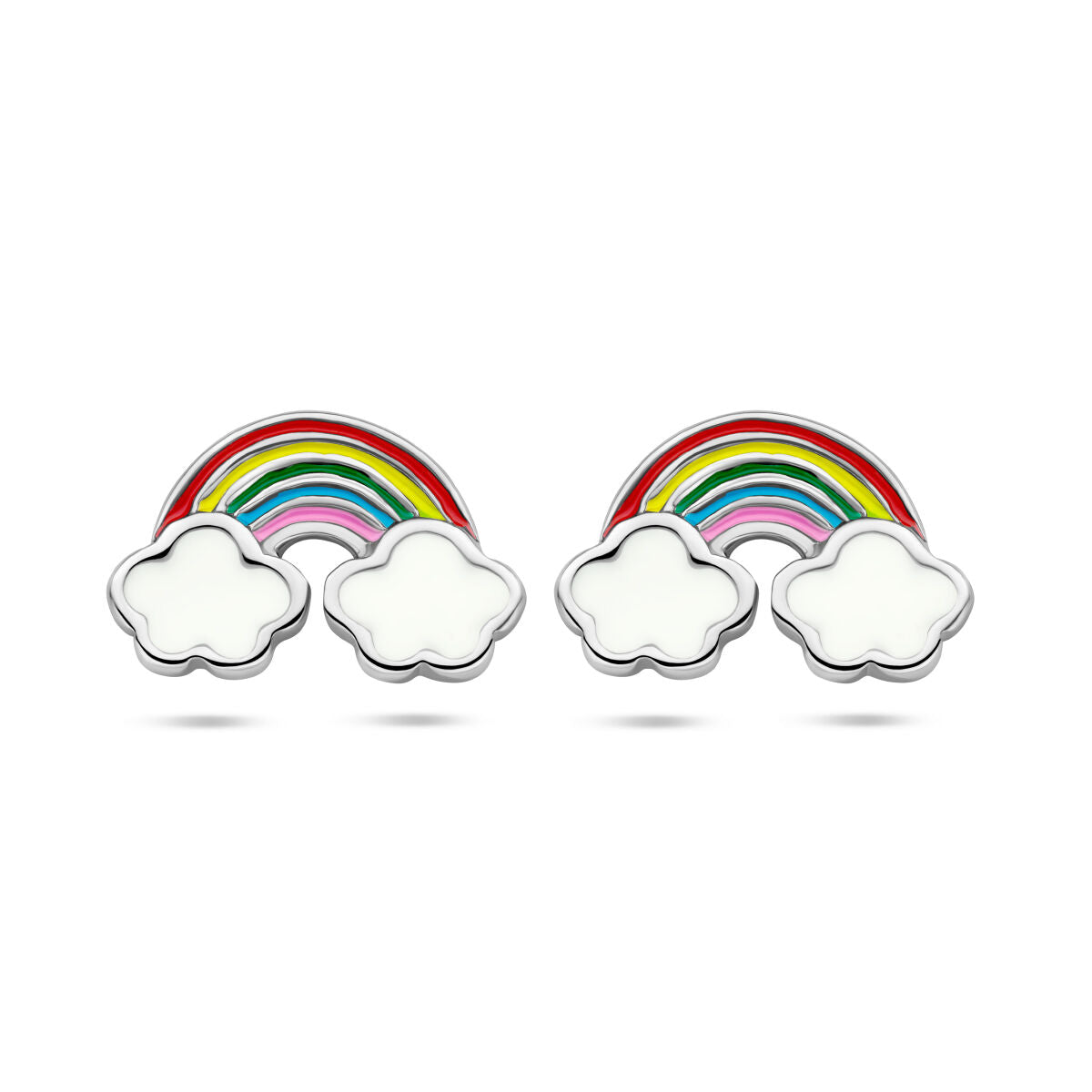 Boucles d'oreilles en argent rhodié avec un motif d'arc-en-ciel coloré et des nuages blancs.