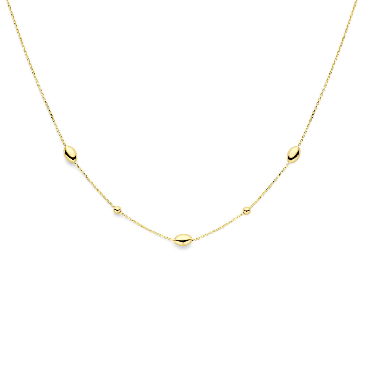 Collier doré en or 14K avec des ovales et des billes.