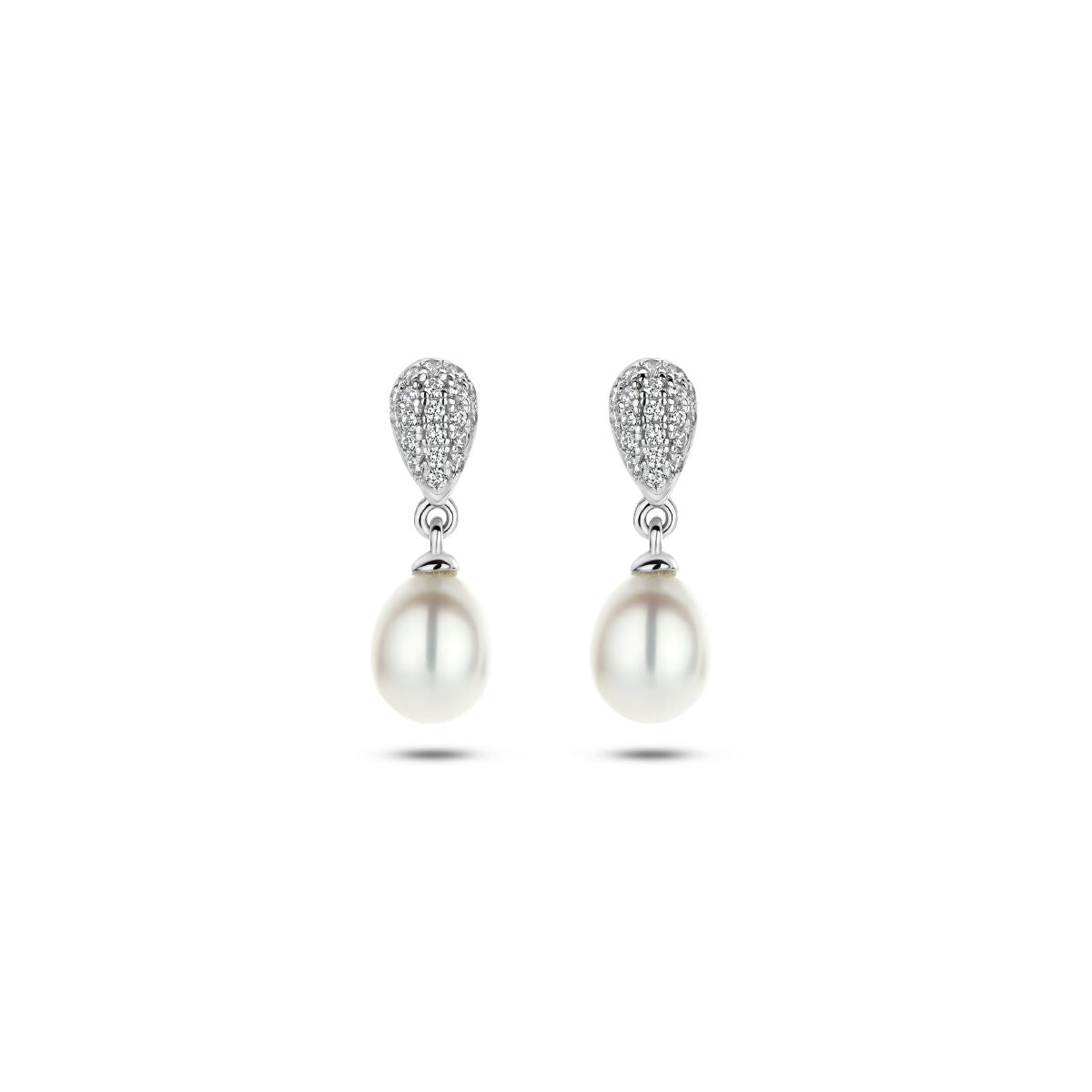 Boucles d'oreilles en argent rhodié avec perles et zircons, en forme de goutte.