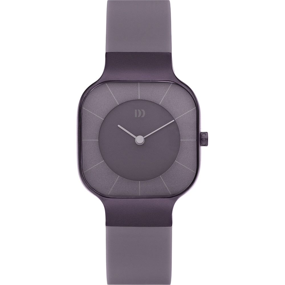 Montre carrée en silicone violet avec cadran monochrome et aiguilles argentées.