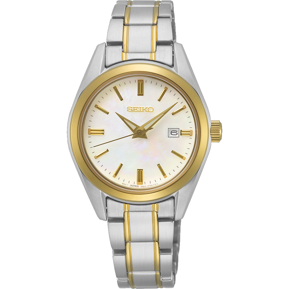 Montre pour femme Seiko avec boîtier argenté et doré, cadran nacré et bracelet en acier inoxydable.